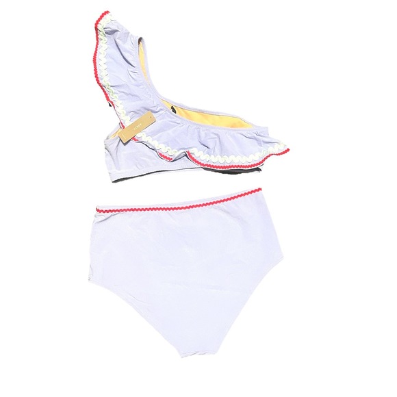 J. Crew High Waist One Arm Top Ruffle Rickrack Bikini Set Blue Size S/M Preppy